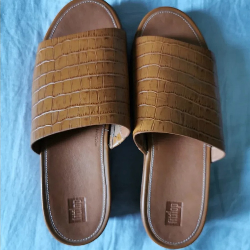 Brown Croc-Embossed Slide Sandals
